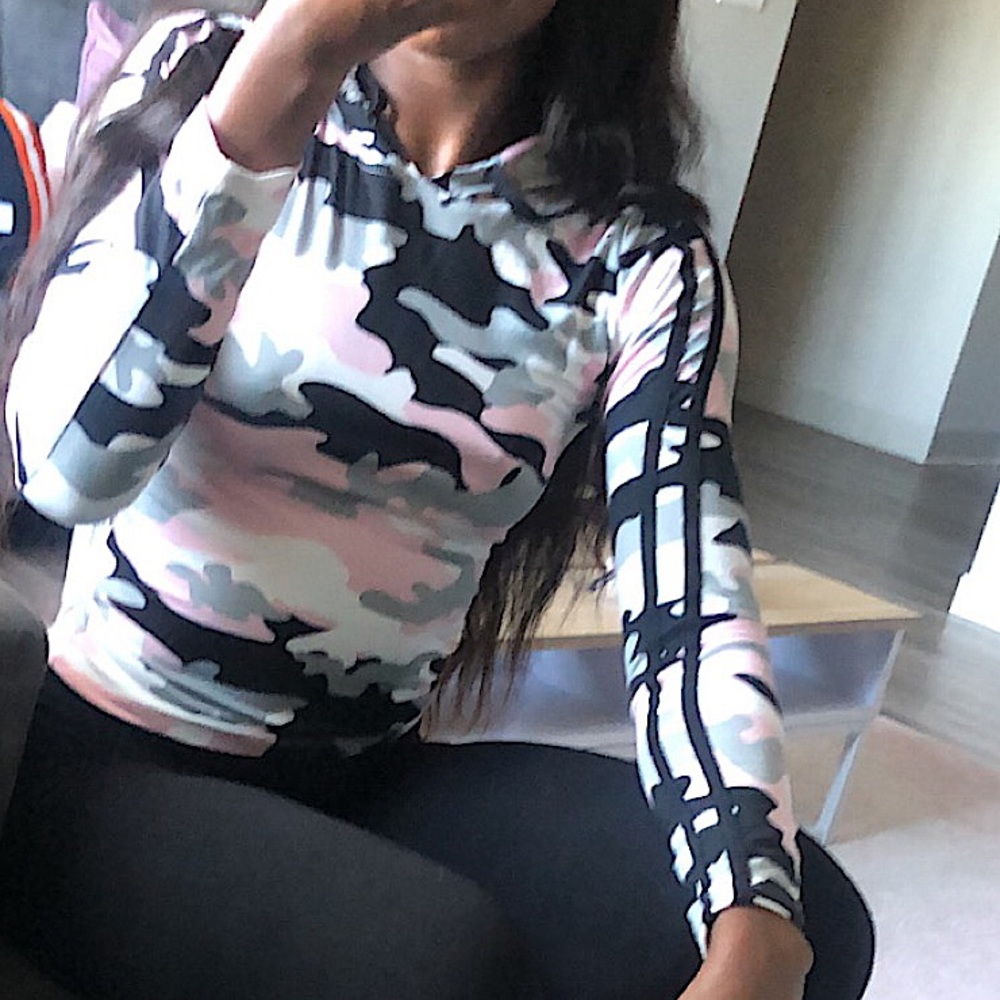 Pink grey white black army fatigue crop top hoodie